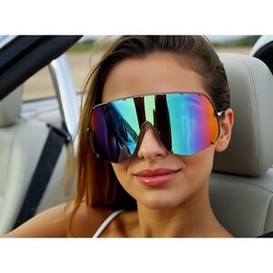 Shield Sunglasses Visor Mirrored Lens Oversized Rivet Accent Fashion Shades New‎